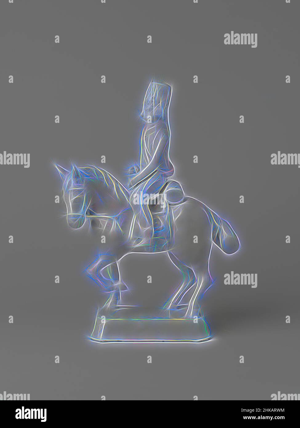 Inspired by Horse with rider, Horseman of undecorated faience. The horse stands on a rectangular base and the rider sits loose on it. The rider wears a bereb hat and a German uniform from the second half of the 18th century. The horse has its left foreleg raised. The rider is accompanied by an, Reimagined by Artotop. Classic art reinvented with a modern twist. Design of warm cheerful glowing of brightness and light ray radiance. Photography inspired by surrealism and futurism, embracing dynamic energy of modern technology, movement, speed and revolutionize culture Stock Photo