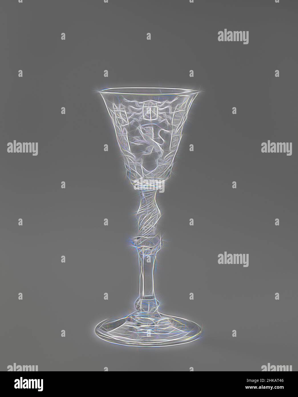 Inspired by Chalice glass with the arms of the States General and the Seven Provinces, Vaulted foot. Baluster stem with knots, the middle one with a double row of bubbles. Upper part of stem with bubbles wound in spirals.  On the conical chalice the arms of the States General surrounded by the arms, Reimagined by Artotop. Classic art reinvented with a modern twist. Design of warm cheerful glowing of brightness and light ray radiance. Photography inspired by surrealism and futurism, embracing dynamic energy of modern technology, movement, speed and revolutionize culture Stock Photo