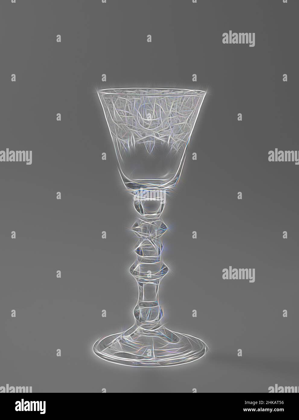 Inspired by Chalice glass with representations concerning marriage and fertility, Vaulted foot. Baluster stem with knots and an elongated bubble. The conical, bottom rounded chalice is decorated along the rim with banding and foliage with fruit garlands and alternating a bird on its nest and a, Reimagined by Artotop. Classic art reinvented with a modern twist. Design of warm cheerful glowing of brightness and light ray radiance. Photography inspired by surrealism and futurism, embracing dynamic energy of modern technology, movement, speed and revolutionize culture Stock Photo