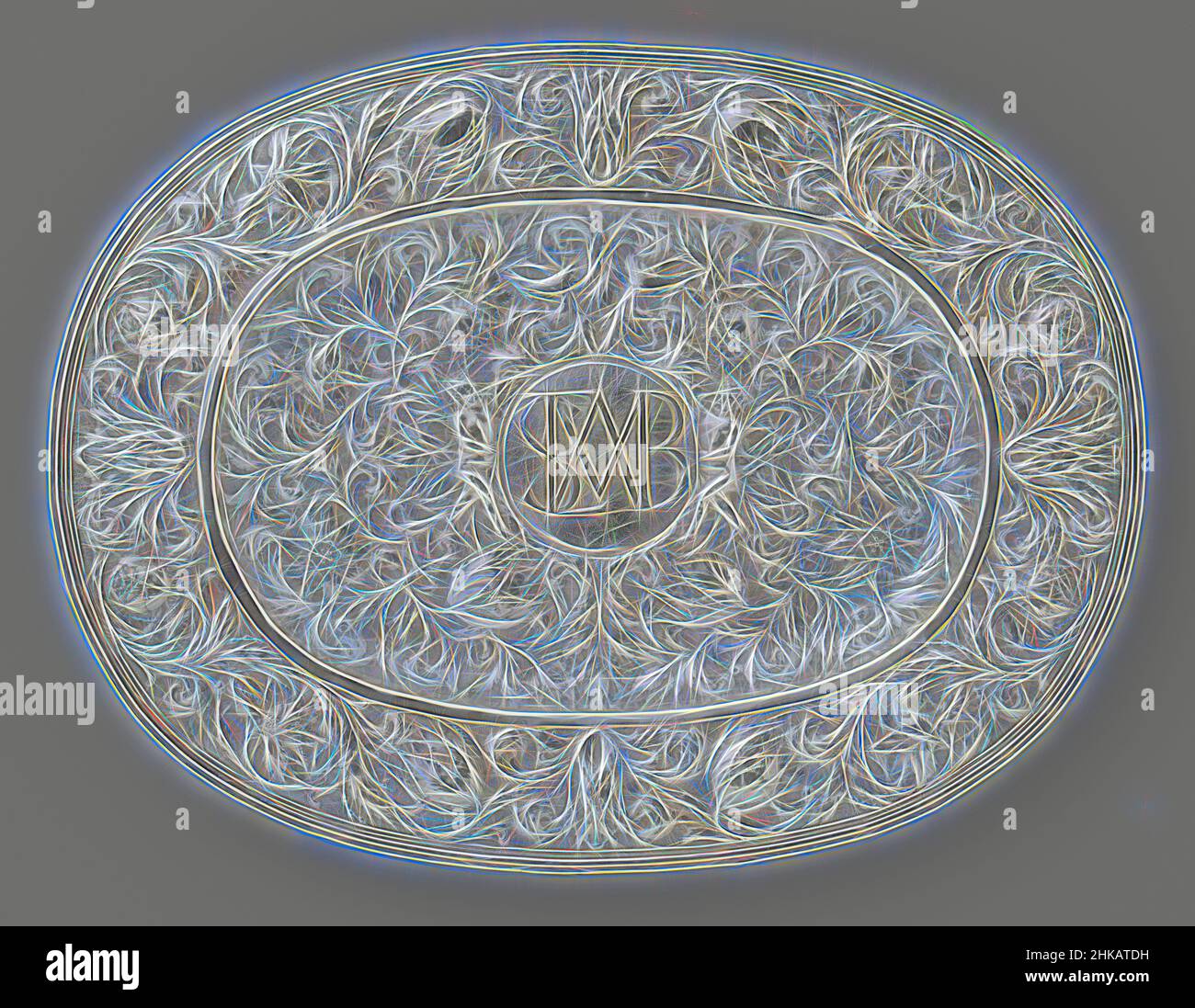 Inspired by Lampet dish, oval and entirely driven with flower tendrils, with in the center of the rim a medallion with monogram, consisting of the letters SLMVB, Lampet dish, oval and entirely driven with flower tendrils. In the center of the edge of the oval dish, which is bordered by a wire profile, Reimagined by Artotop. Classic art reinvented with a modern twist. Design of warm cheerful glowing of brightness and light ray radiance. Photography inspired by surrealism and futurism, embracing dynamic energy of modern technology, movement, speed and revolutionize culture Stock Photo