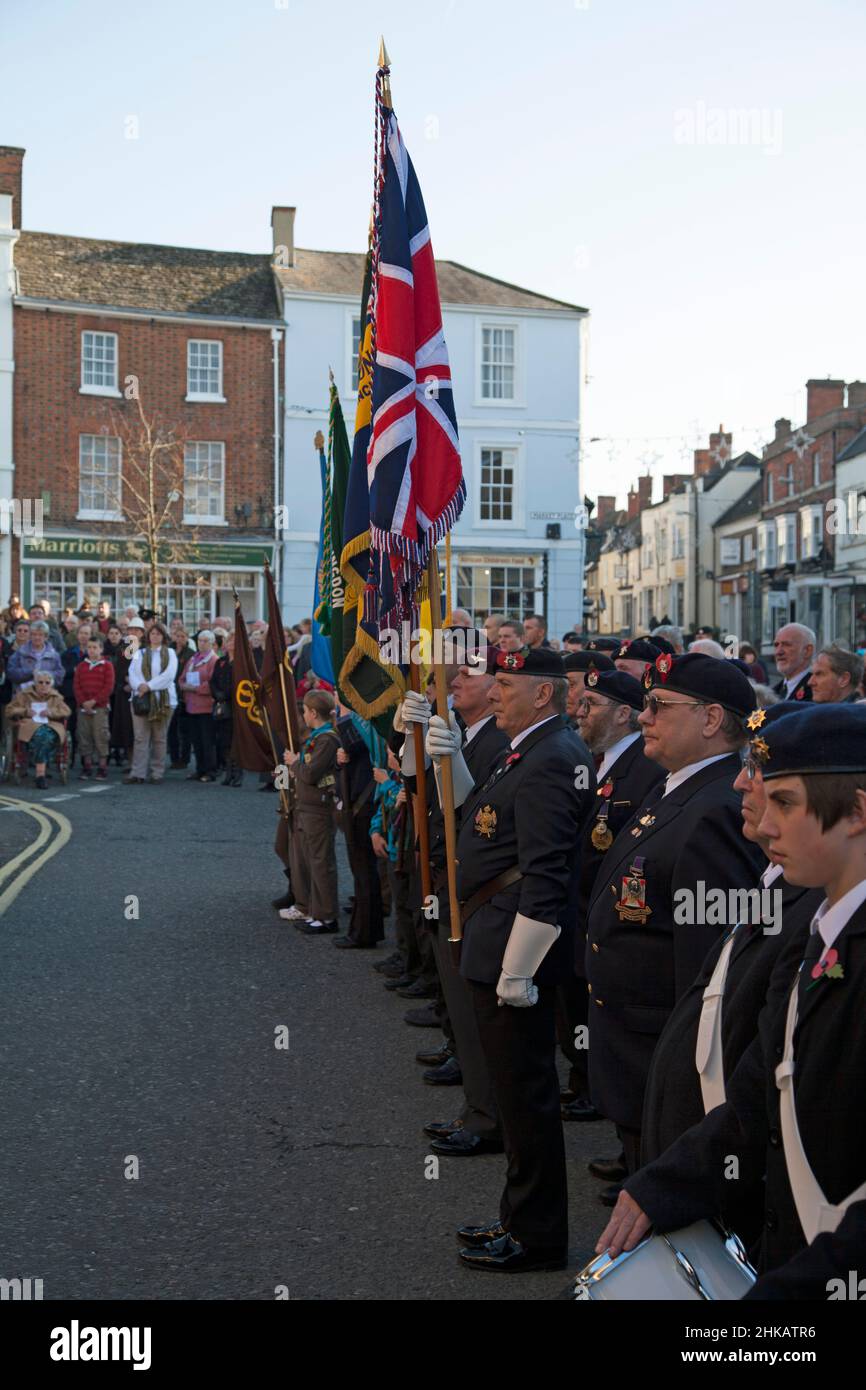 The parade stands to attention and the Town centre falls silent as the young and the old remember those fallen in wars, Remembrance Sunday, Faringdon Stock Photo
