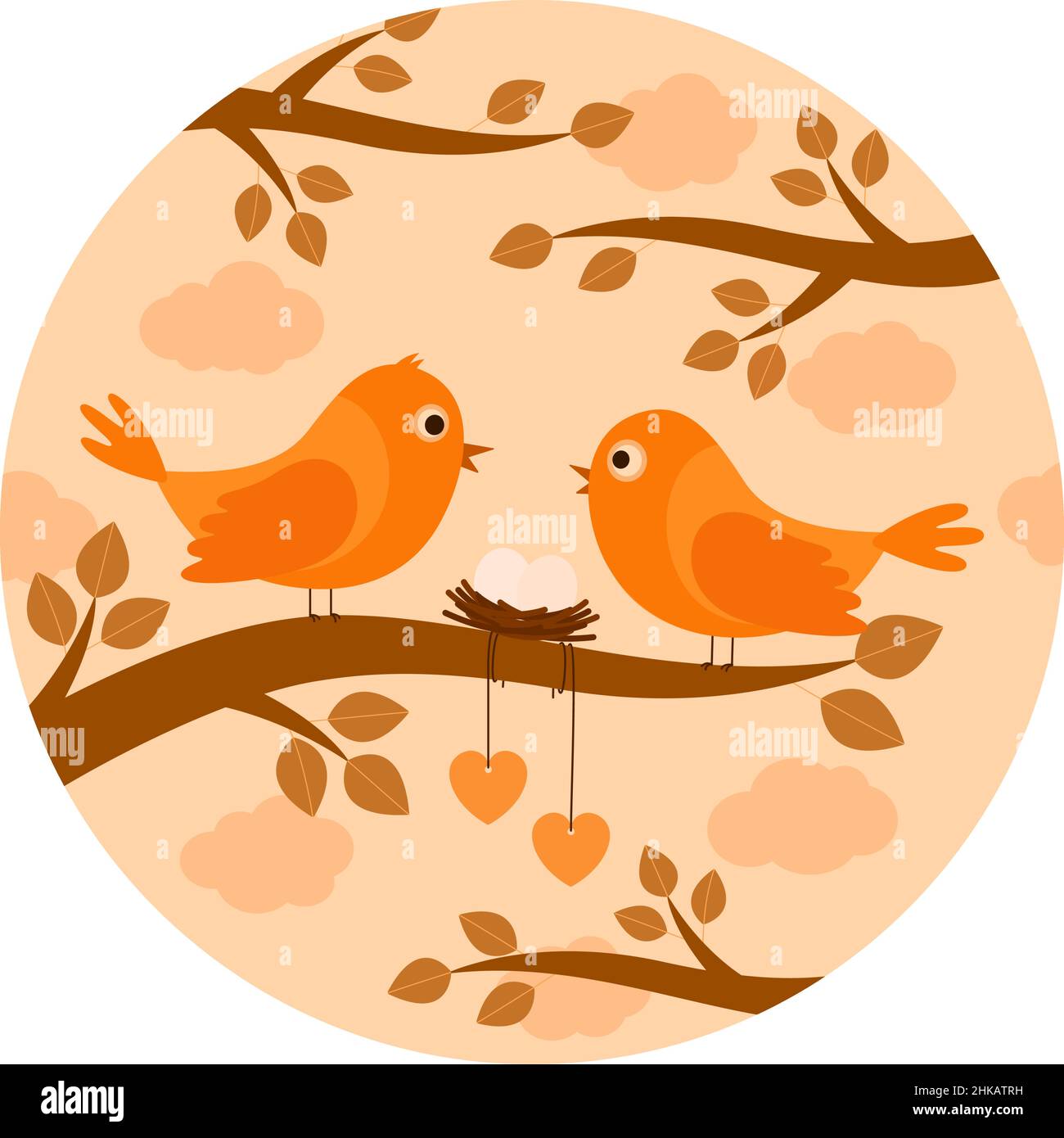 Birds with nest eggs on branch, vector illustration Stock Vector