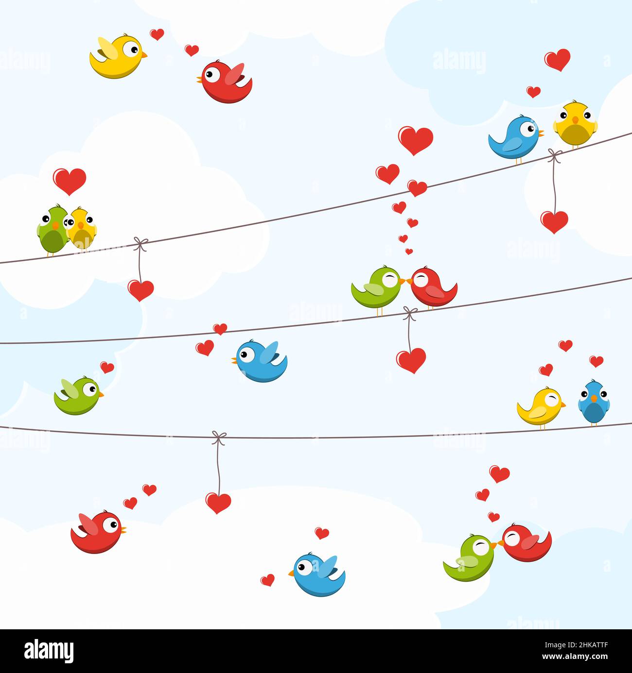 eps vector file with colored birds in love, sitting on strings, spring time, hanging hearts, background with sky and light clouds Stock Vector