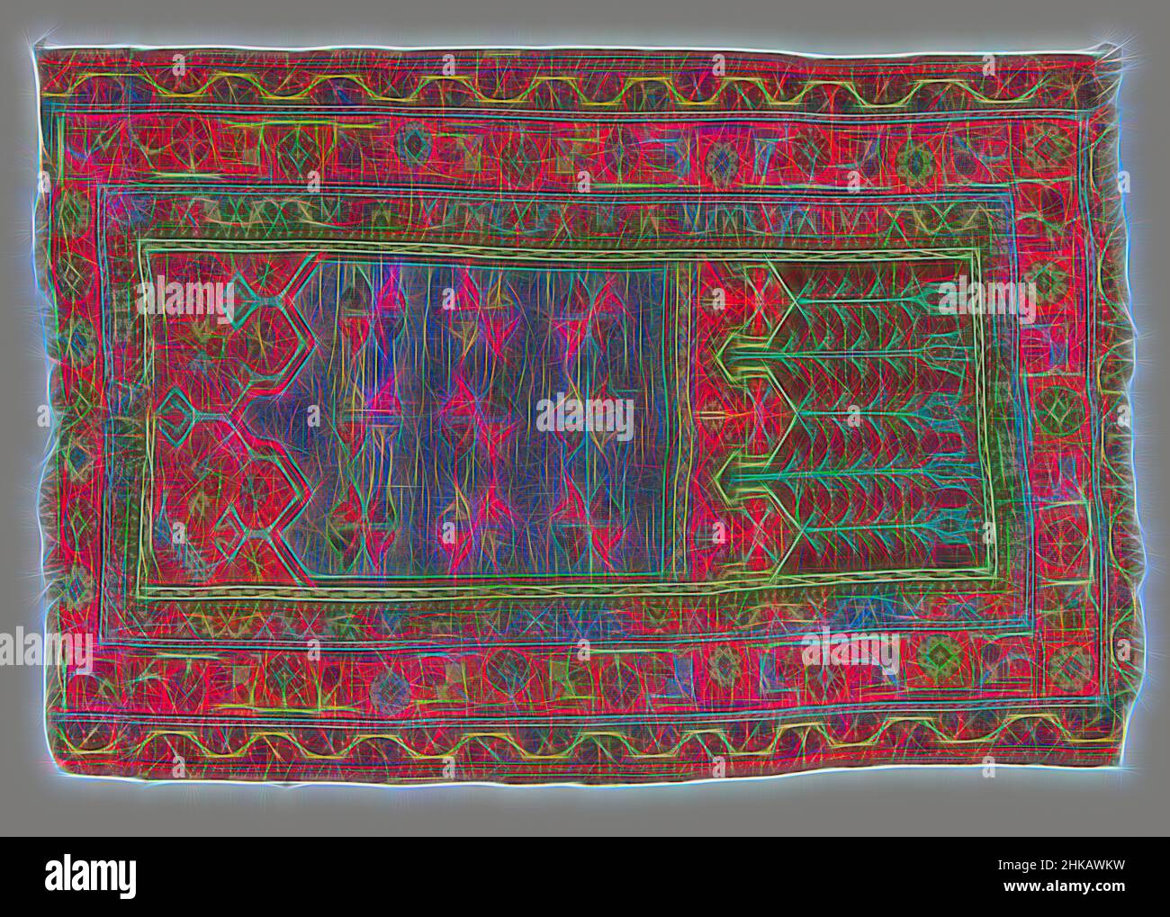 Inspired by Prayer rug with lower warp panel, LADIK, Prayer rug with lower warp panel, LADIK. Center field: light blue mihrab with stiff rows of three carnations and with three-part gable. Light red swags with serrated lancet leaves and star flowers. Lower crenellated border with white omega line, Reimagined by Artotop. Classic art reinvented with a modern twist. Design of warm cheerful glowing of brightness and light ray radiance. Photography inspired by surrealism and futurism, embracing dynamic energy of modern technology, movement, speed and revolutionize culture Stock Photo