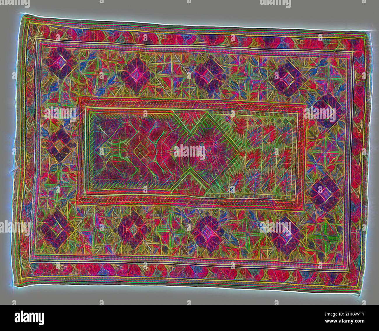 Inspired by Prayer rug, MELAS, Prayer rug, MELAS. Center field: narrow orange-red mihrab in a constricted gable and a flower stalk in white, brown, soft yellow, light blue and eggplant. On white swags that merge above the gable end are rows of angled carnations or sycamore leaves. Edges: bifurcated, Reimagined by Artotop. Classic art reinvented with a modern twist. Design of warm cheerful glowing of brightness and light ray radiance. Photography inspired by surrealism and futurism, embracing dynamic energy of modern technology, movement, speed and revolutionize culture Stock Photo