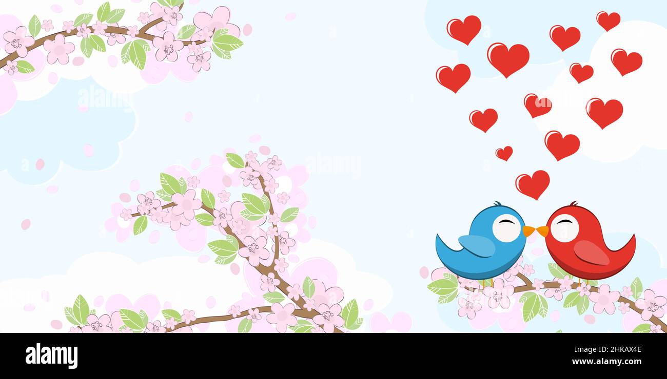eps vector file with red and blue colored birds in love, sitting on an string, branches with blossoms and green leaves in spring time, flying hearts, Stock Vector