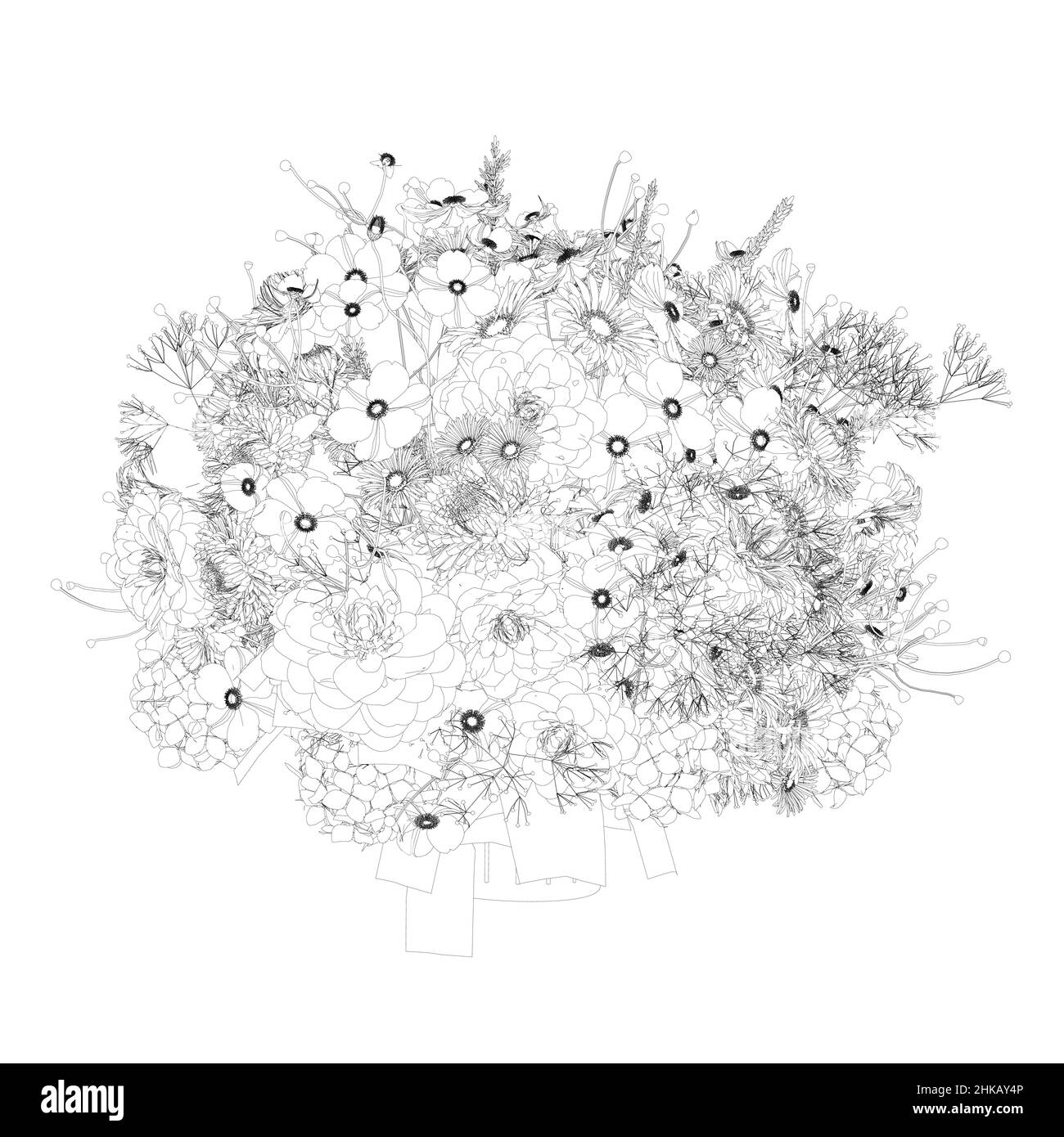 The contour of a large bouquet with flowers from black lines isolated ...