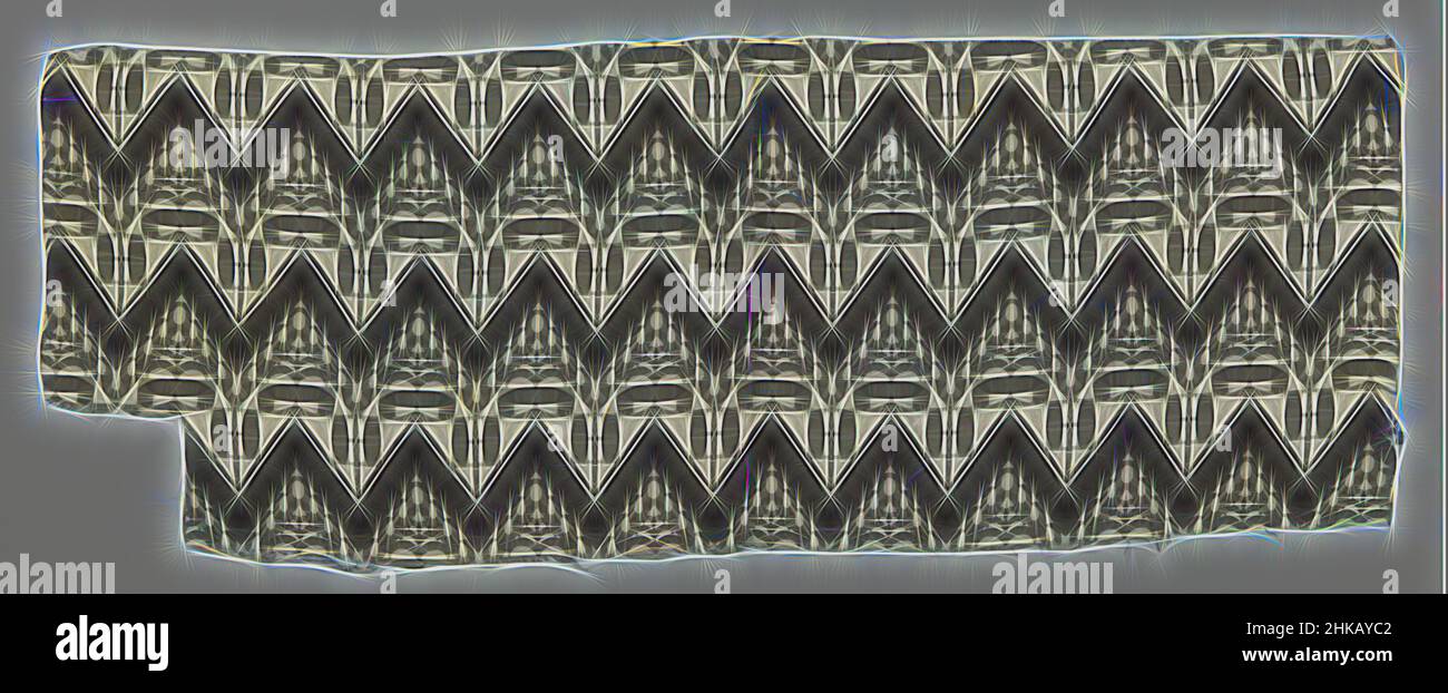 Inspired by Fragment of printed silk with Art-Deco pattern, Fragment of white silk printed black Art-Deco pattern consisting of wide zigzag lines with geometric motifs in between., maker: Wiener Werkstätte, Vienna, c. 1910 - c. 1925, silk, printing, height 34 cm × width 93.2 cmheight 11 cm × width 8., Reimagined by Artotop. Classic art reinvented with a modern twist. Design of warm cheerful glowing of brightness and light ray radiance. Photography inspired by surrealism and futurism, embracing dynamic energy of modern technology, movement, speed and revolutionize culture Stock Photo