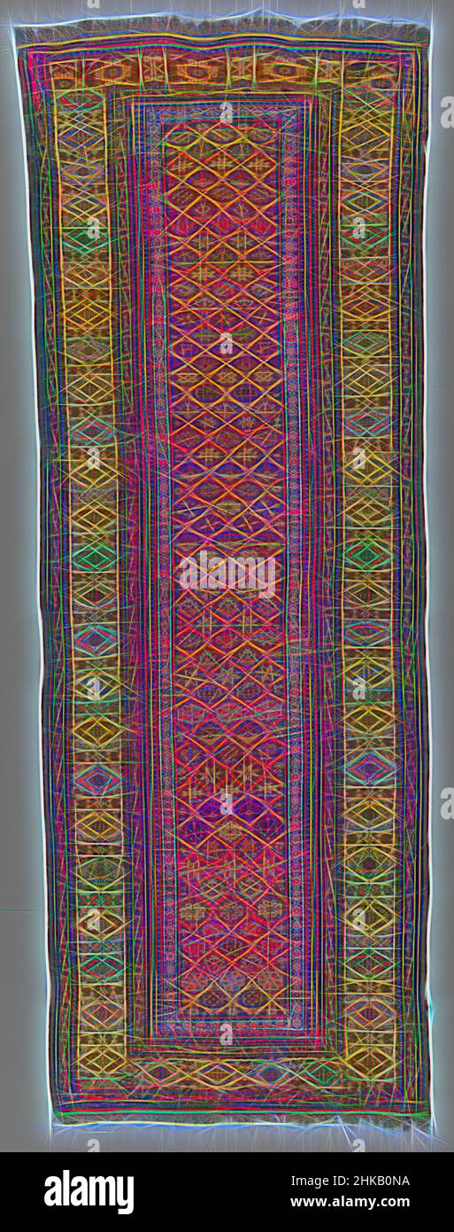 Inspired by Runner with checks and bands, A wool runner. A narrow center section with several figures in diamond shapes on dark blue ground. Several borders along the length, the width of which has a beige ground with diamond shapes across the width in various colors, separated by geometric ornaments, Reimagined by Artotop. Classic art reinvented with a modern twist. Design of warm cheerful glowing of brightness and light ray radiance. Photography inspired by surrealism and futurism, embracing dynamic energy of modern technology, movement, speed and revolutionize culture Stock Photo
