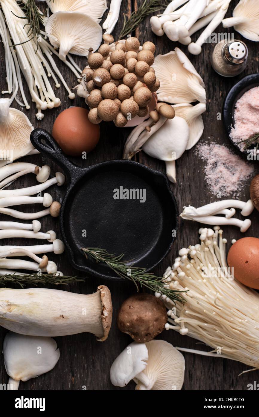 Various Raw Mushroom Types Portobello Mushrooms, Champignons, Shimeji
