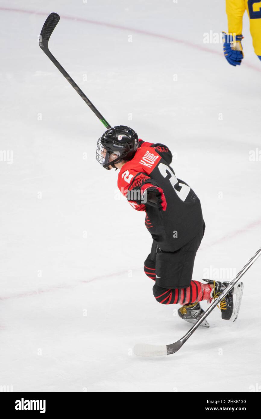 Shiori Koike (JPN) celebrates the score Ice Hockey Women Preliminary Roung Group B Game 3, Sweden vs Japan, 1-1 during the Beijing 2022 Olympic Winter Games at Wukesong Sports Centre, Beijing, China.