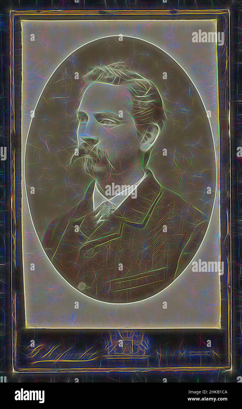 Inspired by Portrait of Gustav Schnitzler, founder of umbrella factory 'Gelria', Portrait photograph (carte-de-visite) of Gustav Schnitzler, founder of umbrella factory 'Gelria'. Schnitzler is depicted as a bust in three-quarter view looking to the left. He has short wavy hair, a drooping mustache, Reimagined by Artotop. Classic art reinvented with a modern twist. Design of warm cheerful glowing of brightness and light ray radiance. Photography inspired by surrealism and futurism, embracing dynamic energy of modern technology, movement, speed and revolutionize culture Stock Photo