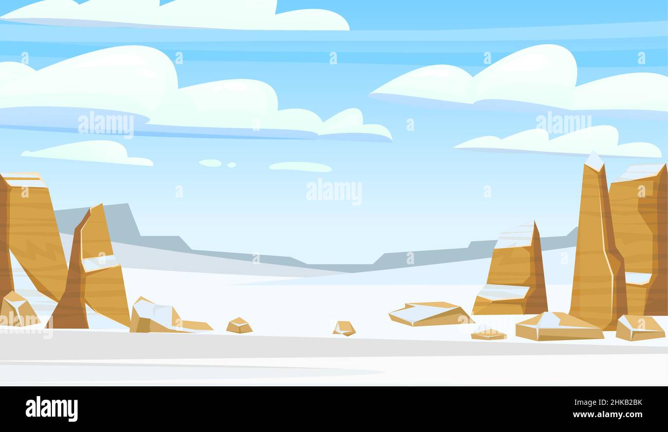 Rocky cliffs. Snowy desert. Horizontal composition. Desert natural landscape with stones. Illustration in cartoon style flat design. Vector. Stock Vector