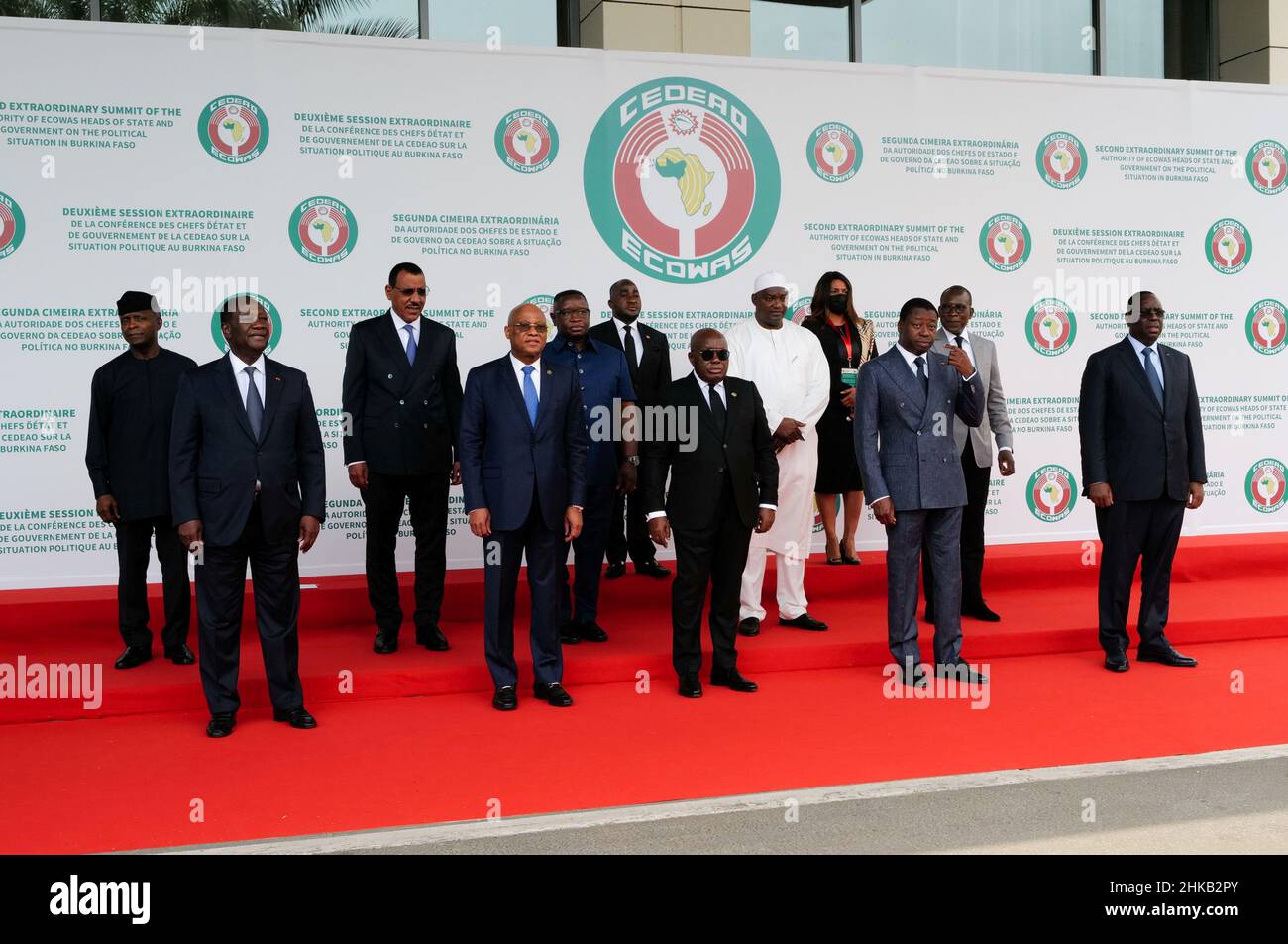 West African leaders pose for a photograph as they arrive to attend the  second emergency summit of the Economic Community of West African States ( ECOWAS) to discuss the bloc's response to the