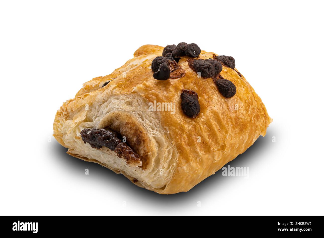 Side view a piece of Danish Pastry with chocolate filling topping with chocolate chips isolated on white background with clipping path. Stock Photo