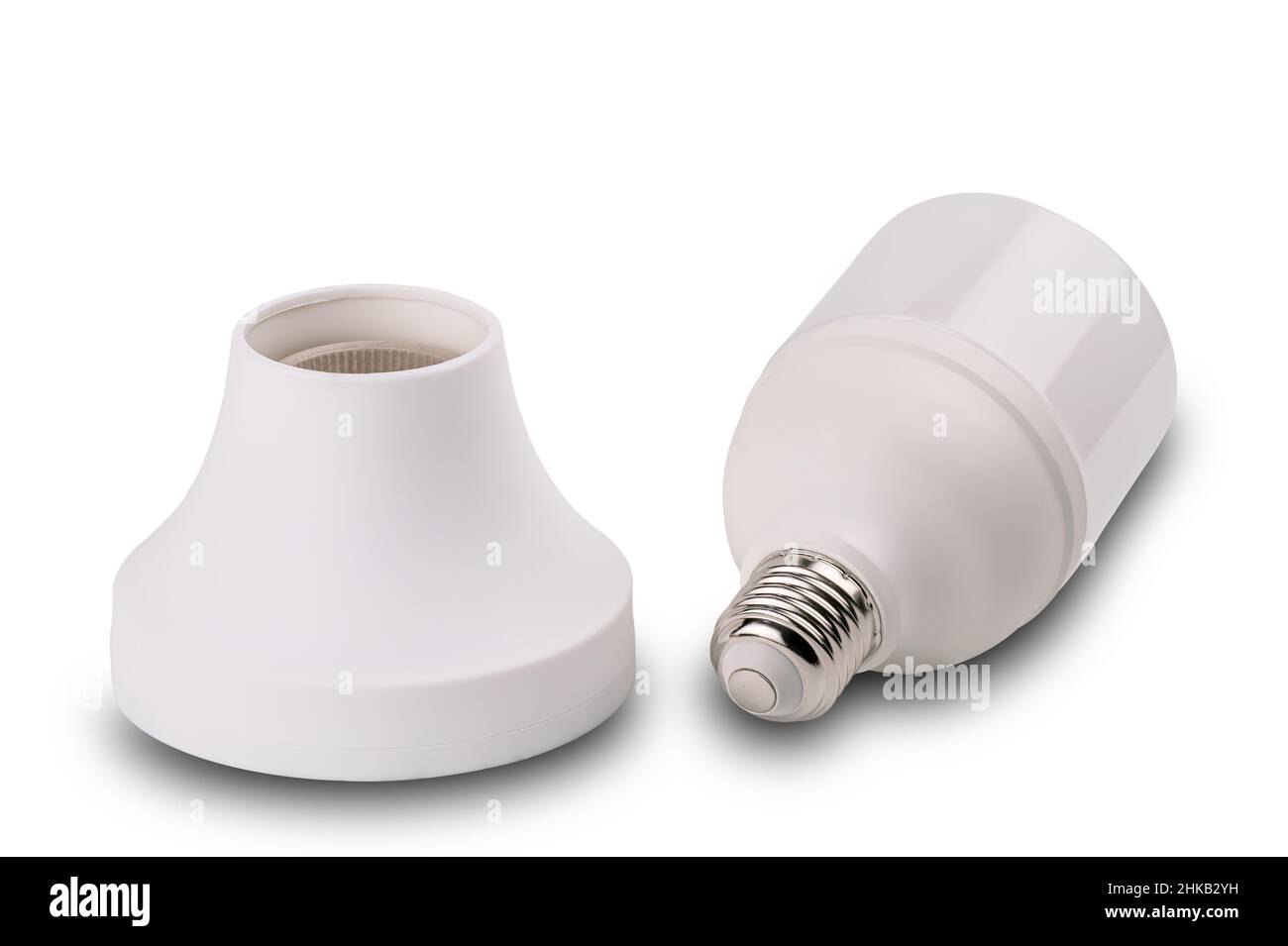 White plastic socket and led lamp isolated on white background with clipping path. Led light