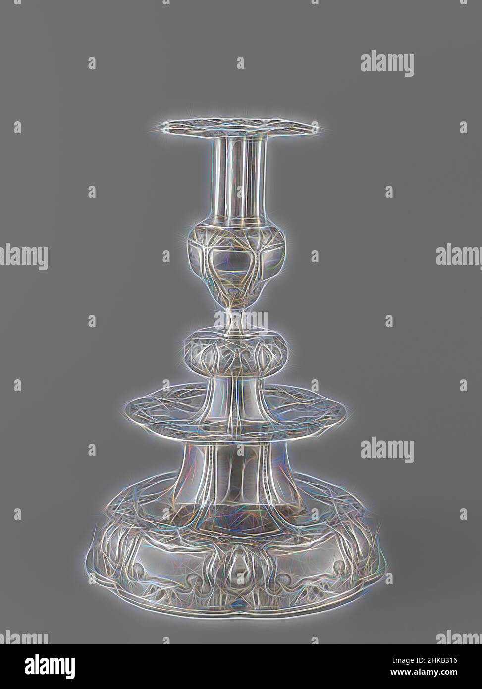 Inspired by Three candlesticks, Silver candlestick, Candlestick of silver. The round, lobed base, is decorated with driven lobe ornaments. Engraved on the base is the alliance coat of arms with marriage knot of Gerard Meerman and Agneta Deutz., silversmith: Willem Brugman, Amsterdam, 1652, silver (, Reimagined by Artotop. Classic art reinvented with a modern twist. Design of warm cheerful glowing of brightness and light ray radiance. Photography inspired by surrealism and futurism, embracing dynamic energy of modern technology, movement, speed and revolutionize culture Stock Photo
