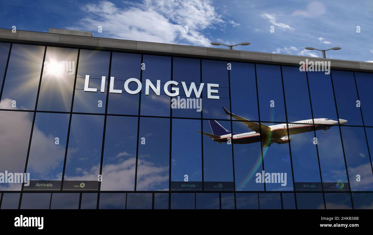 Aircraft landing at Lilongwe, Malawi 3D rendering illustration. Arrival in the city with the glass airport terminal and reflection of jet plane. Trave Stock Photo