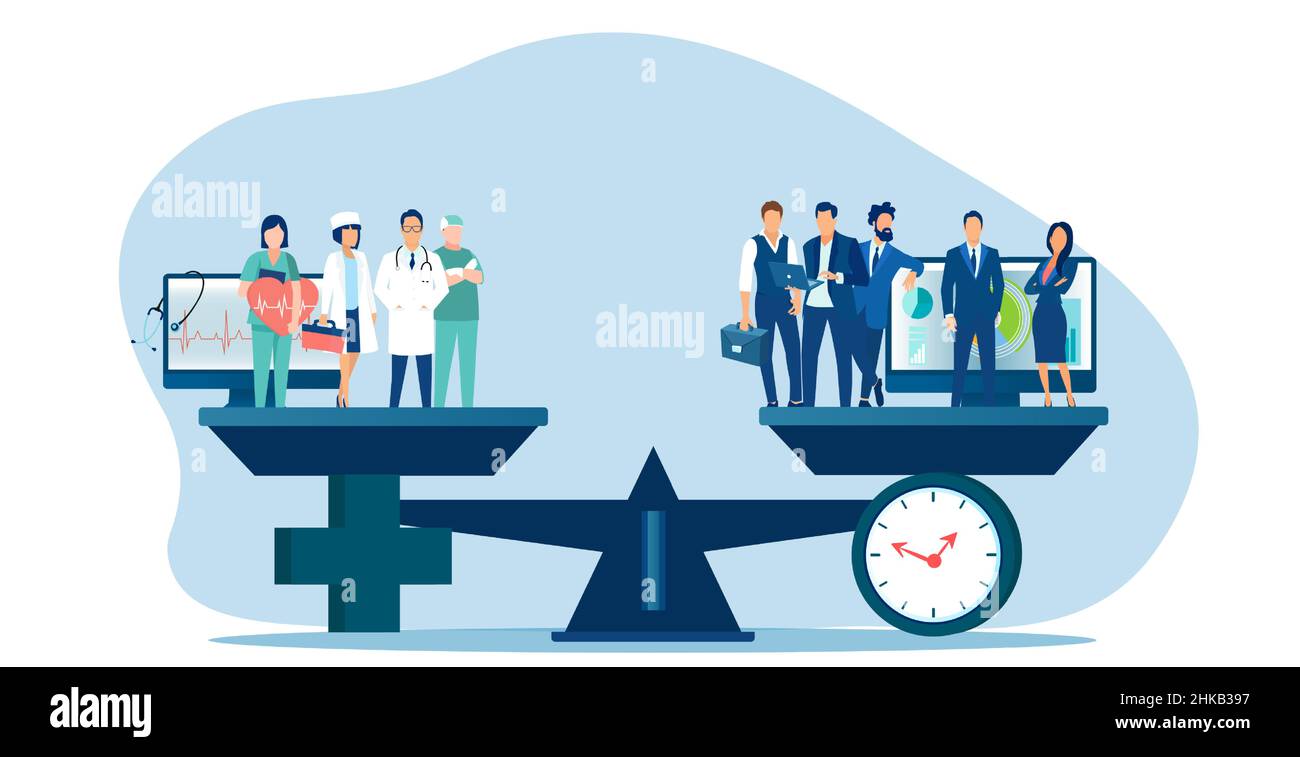 Vector of a group of medical professionals and a group of business people standing on the scales Stock Vector