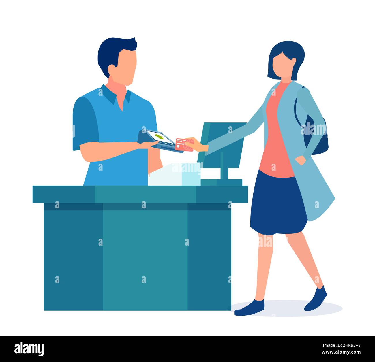 Vector of a young woman paying at a register with a credit card Stock Vector