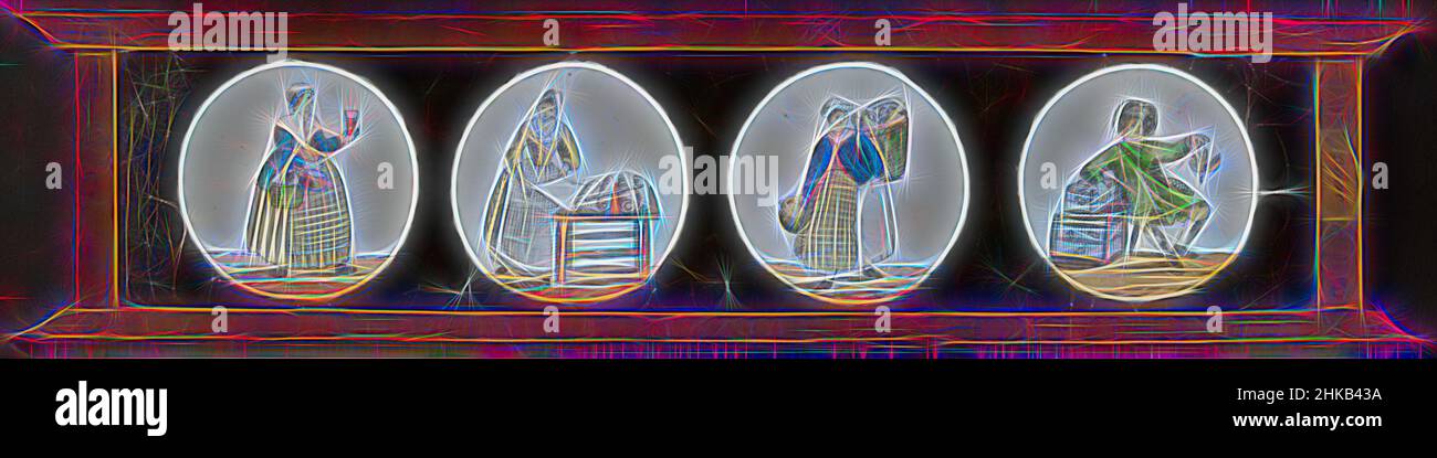 Inspired by Four representations of occupations, Glass plate in wooden frame, with four round images on it. The rest of the glass is blacked out. On the left, a woman holding a basket. This is filled with bottles. In her raised right hand she holds a glass. To the right, a woman at a table on which, Reimagined by Artotop. Classic art reinvented with a modern twist. Design of warm cheerful glowing of brightness and light ray radiance. Photography inspired by surrealism and futurism, embracing dynamic energy of modern technology, movement, speed and revolutionize culture Stock Photo