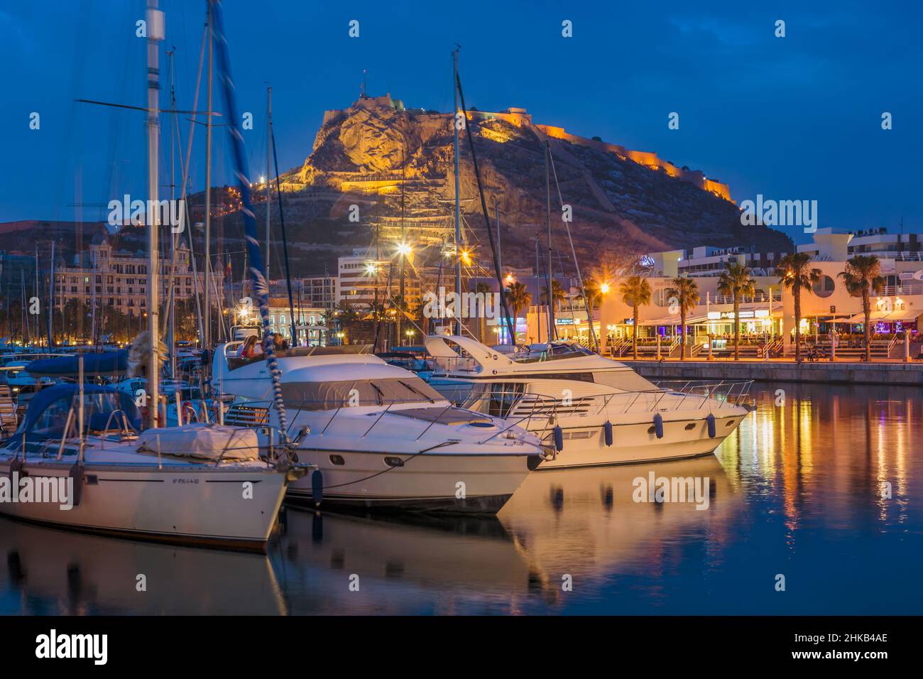 Alicante, Alicante Province, Costa Blanca, Spain.  View over sports harbour to Santa Barbara castle. Stock Photo
