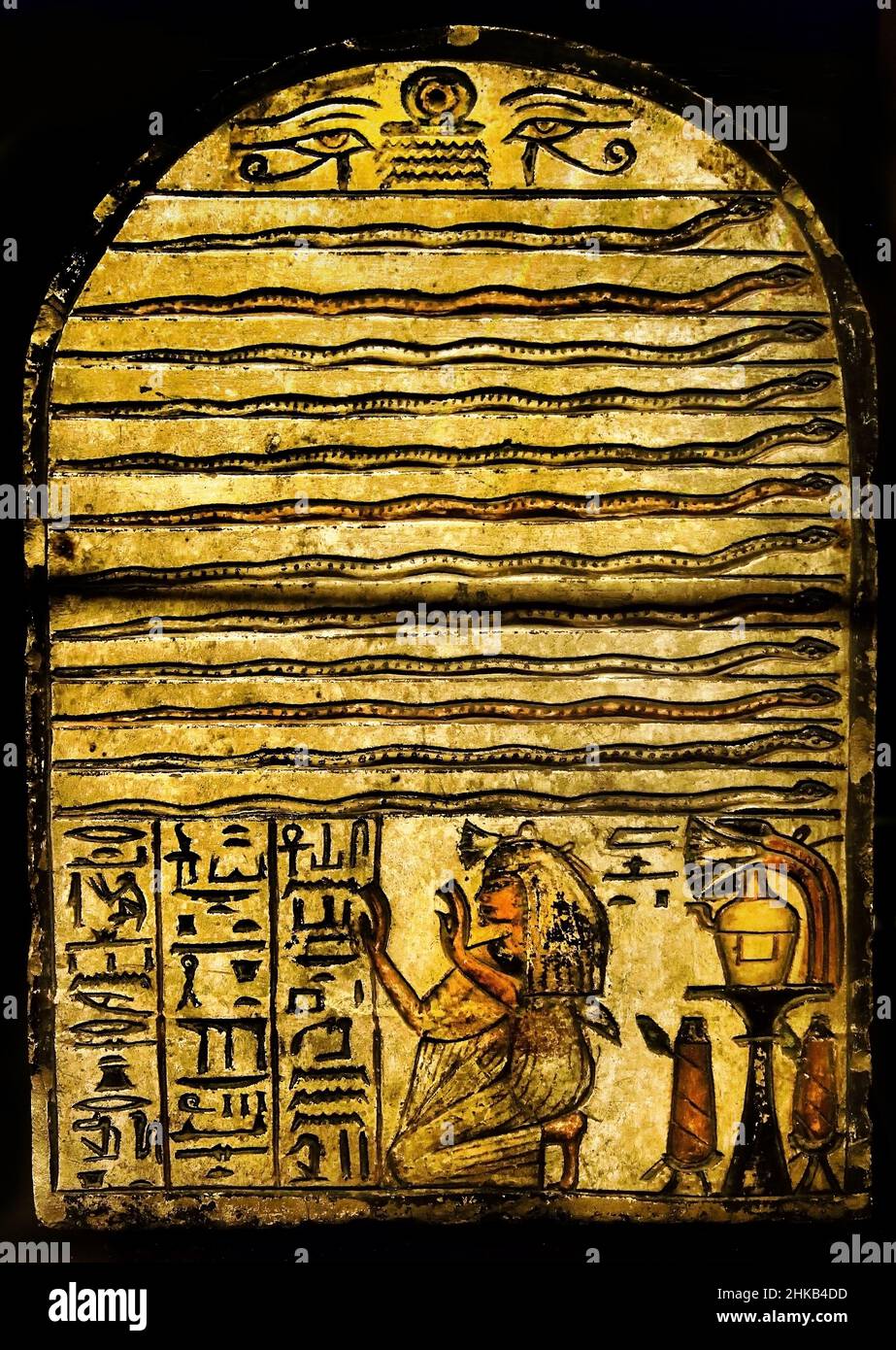 Stela dedicated by Nebnefer to Meretseger, Stone / limestone paint, 27 x 17.5 x 4 cm,  1292–1190 BC, 19th,Nineteenth Dynasty, New Kingdom, Deir el-Medina  Egypt (Museo Egizio di Torino Italy) Stock Photo