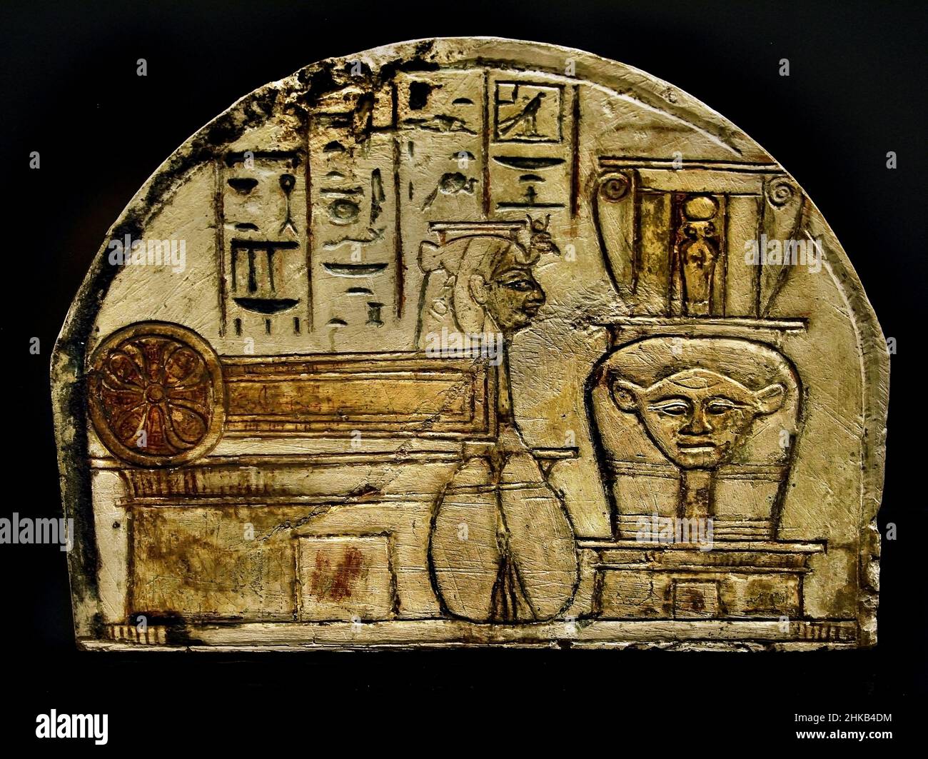 Stela with a dedication to the goddess Hathor and Hathoric symbols,  Stone / limestone, 19 x 25 x 6 cm, 1292–1190 B, Nineteenth, 19th,Dynasty, New Kingdom,   Deir el-Medina, Egypt (Museo Egizio di Torino Italy) Stock Photo