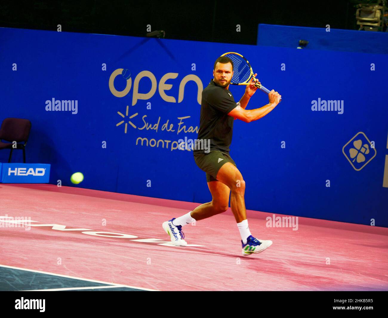 Jo-Wilfried Tsonga of France in action against Filip Krajinovic of Serbia  during the Open Sud de France 2022, ATP 250 tennis tournament on February  2, 2022 at Sud de France Arena in