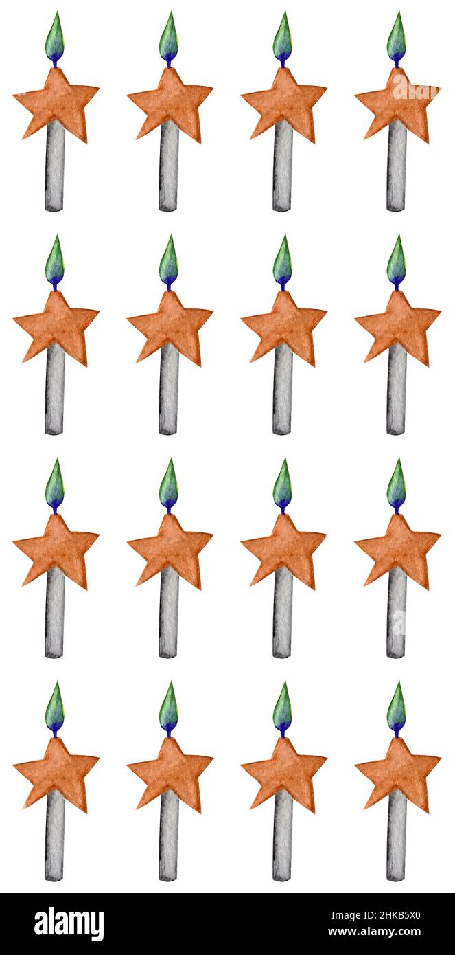Grey candles with colorful burning flame and stars. Watercolor food illustration isolated on white. Design for greeting card, fabric, textile, wallpaper, menu, packaging, print, wrapping, baby room. Stock Photo
