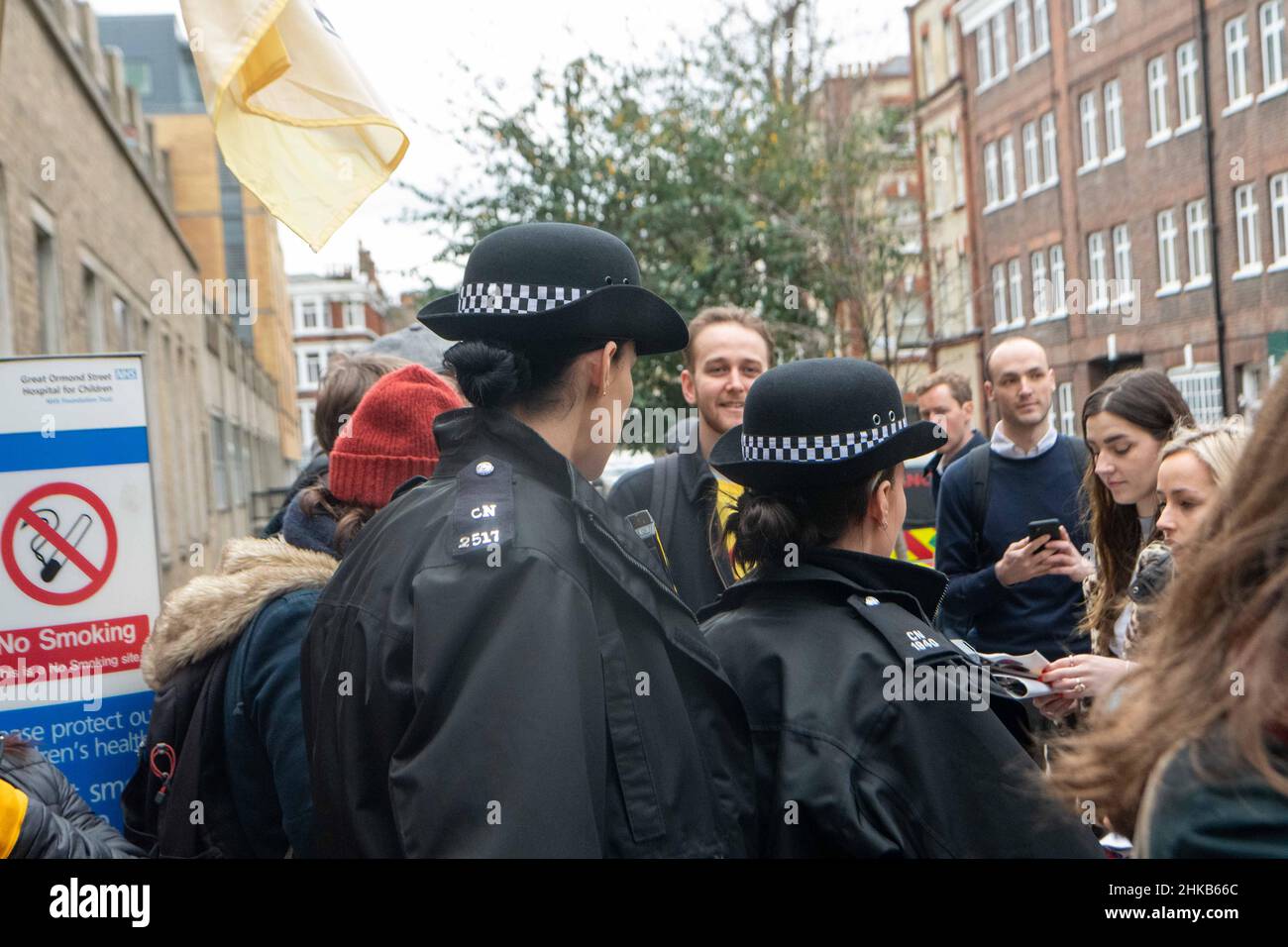 London, UK. 3rd Feb, 2022. Protest outside Great Ormand Street Children's Hospital by security guards working for a private company allegedly on worse terms than NHS staff at the hospital. Jeremy Corbyn, former leader of the labour party was at the protest Credit: Ian Davidson/Alamy Live News Stock Photo