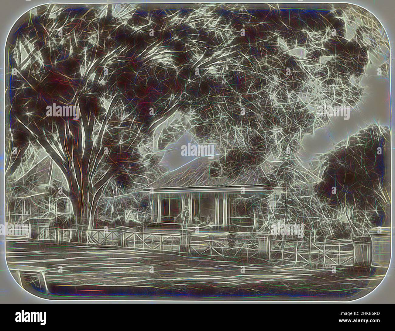 Inspired by House on the Molenvliet, A house on the Molenvliet East in Batavia. In front of the house a very large tree, on the stairs is a family with children. Pasted-in photo in the photo album titled: Faces of Java., Woodbury & Page, Batavia, 1870 - 1879, albumen print, height 187 mm × width 242, Reimagined by Artotop. Classic art reinvented with a modern twist. Design of warm cheerful glowing of brightness and light ray radiance. Photography inspired by surrealism and futurism, embracing dynamic energy of modern technology, movement, speed and revolutionize culture Stock Photo