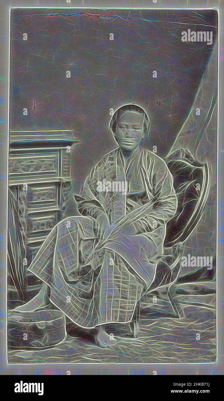 Inspired by Seated woman, Studio portrait of a seated Javanese woman. Pasted-in photograph in the photo album titled: Faces of Java., Woodbury & Page, Celebes, 1860 - 1890, albumen print, height 95 mm × width 56 mm, Reimagined by Artotop. Classic art reinvented with a modern twist. Design of warm cheerful glowing of brightness and light ray radiance. Photography inspired by surrealism and futurism, embracing dynamic energy of modern technology, movement, speed and revolutionize culture Stock Photo