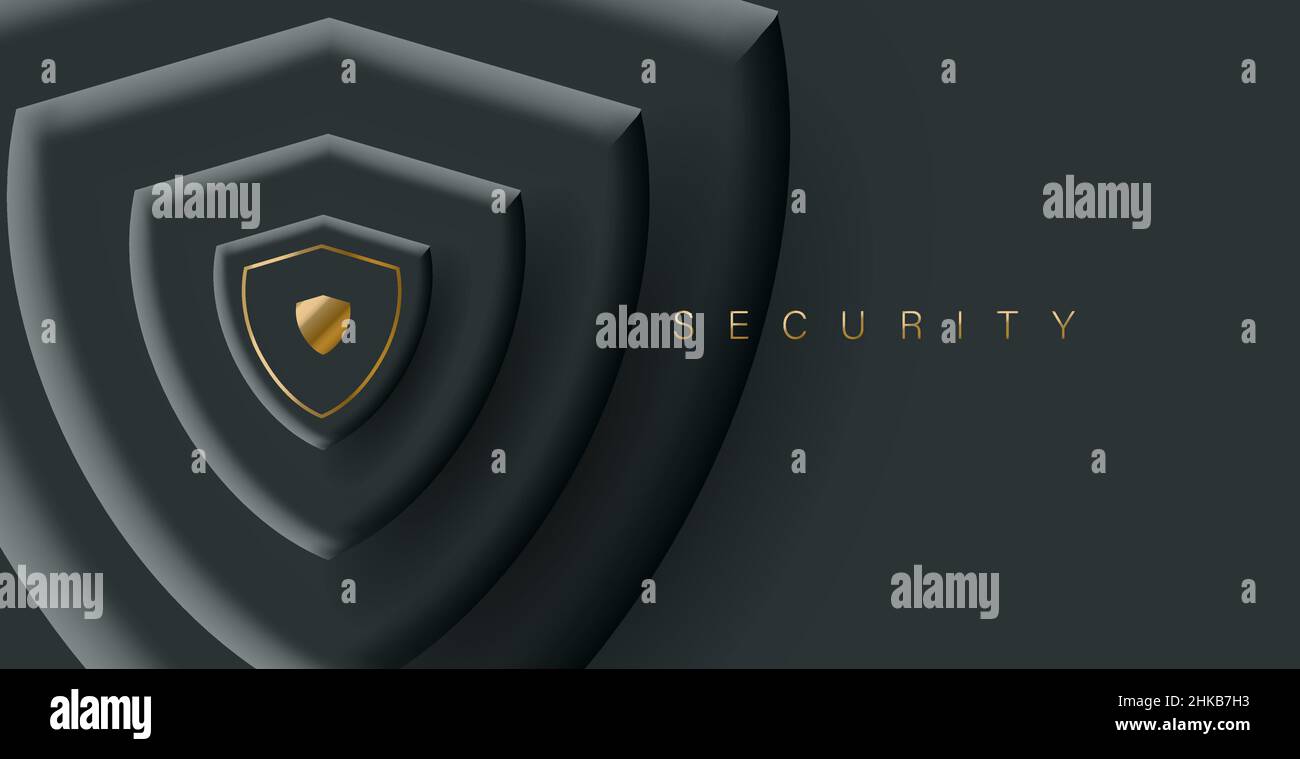 3d background with black shields shapes layering from large to small, volume composition with golden shiels in the center and security text, wallpaper Stock Vector