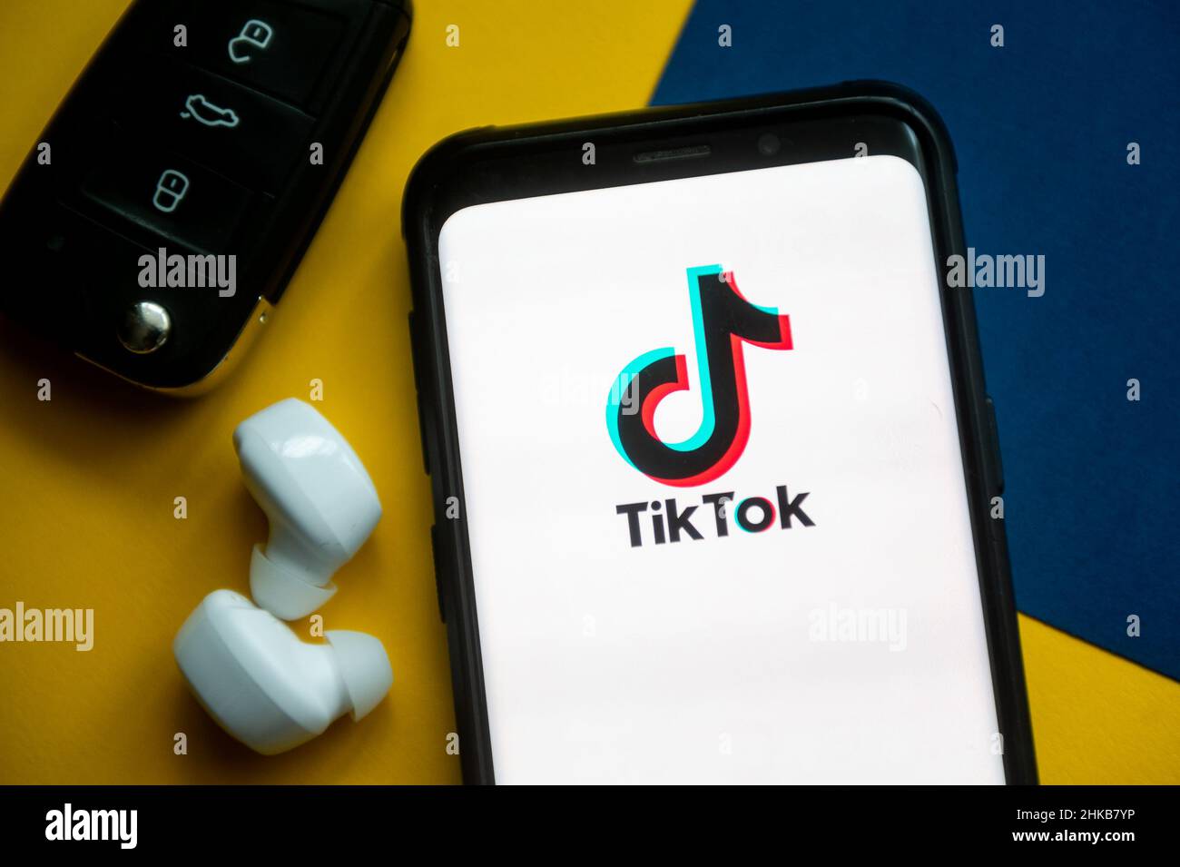 In this photo illustration a TikTok logo seen displayed on a smartphone. Stock Photo