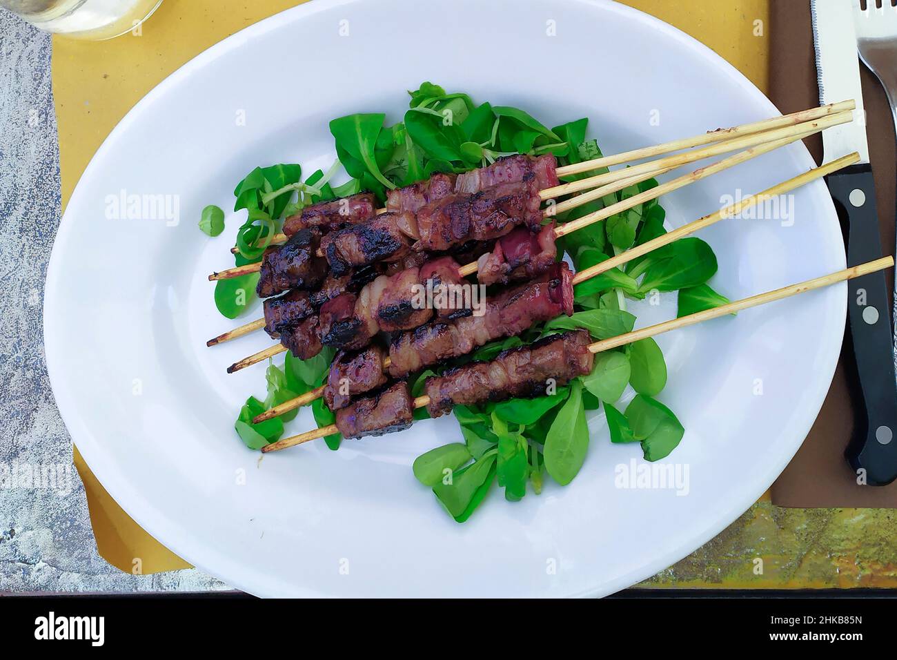 Food, Second dish, Onion and Liver Arrosticini Stock Photo