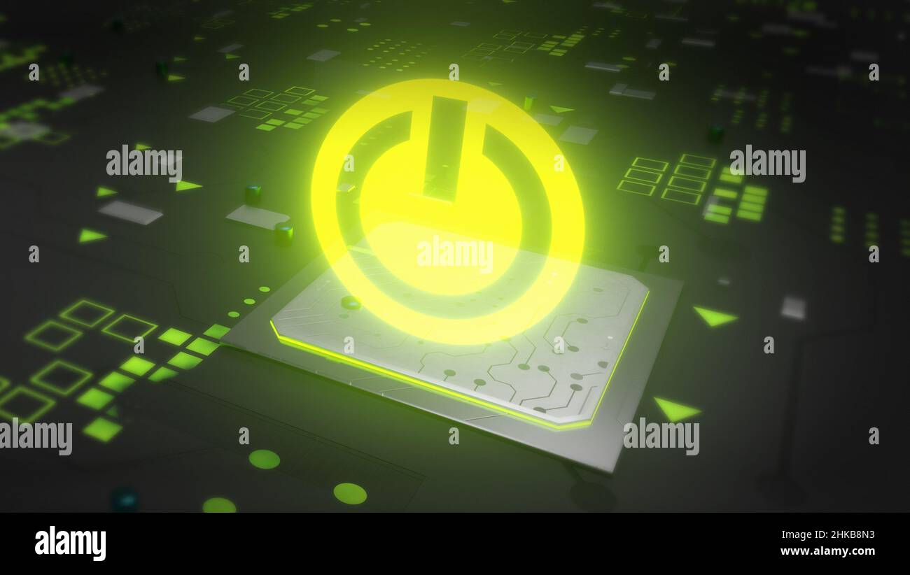 Tech futuristic technology background with power button. 3D Rendering ...