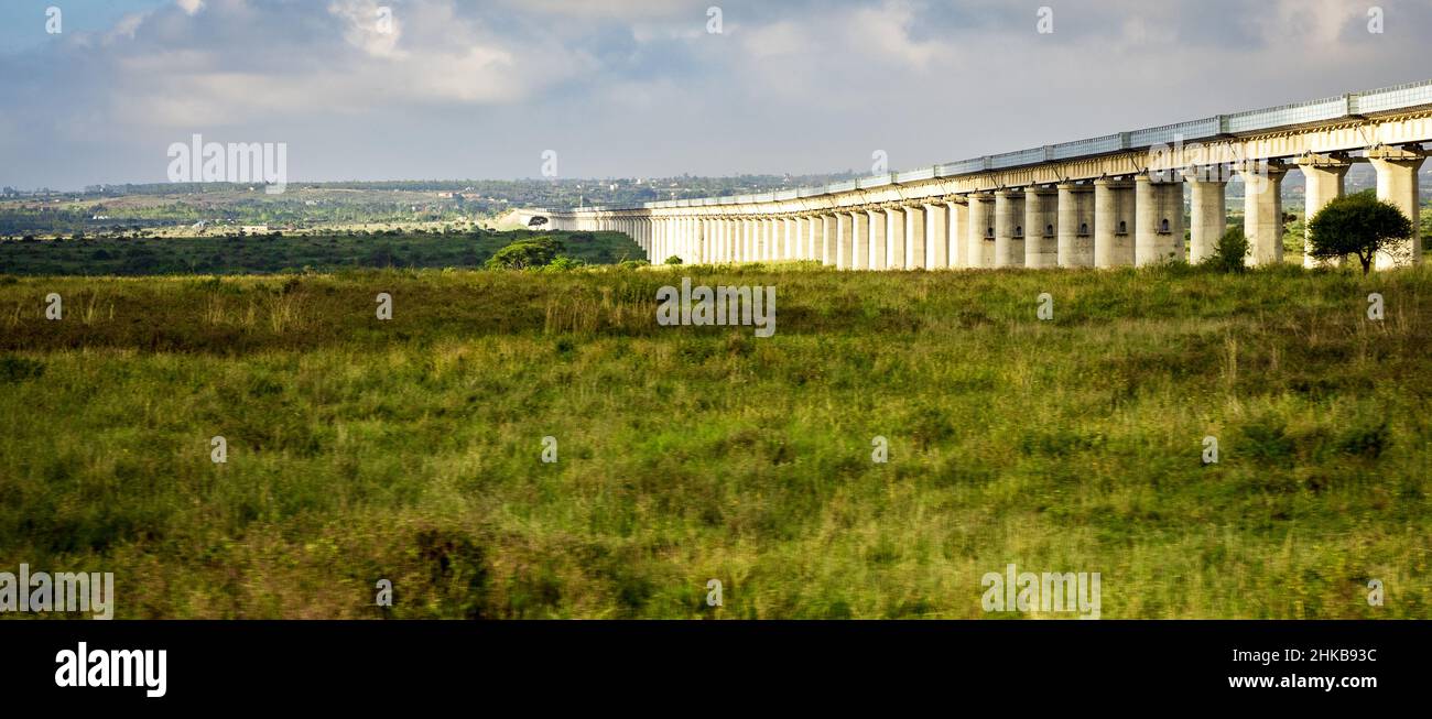 View of the collosal Mombasa-Nairobi Standard Gauge Railway Bridge through the Nairobi National Park Nature Reserve near Nairobi, Kenya Stock Photo