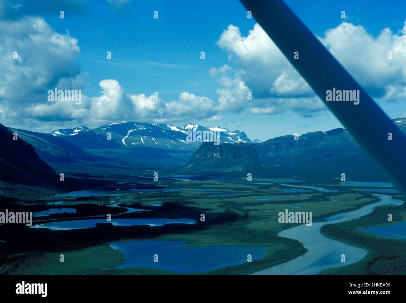 The mountain Nammàsj from a airplane 1979, analog. Rapavalley in Sarek National Park straight ahead. Stock Photo