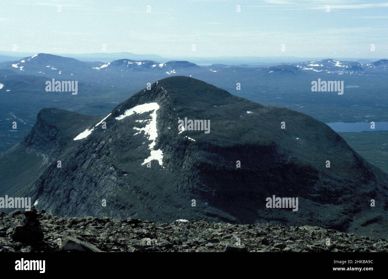 View from the top of Helags 1983, analog. Predikstolen and mountains in the background. Stock Photo