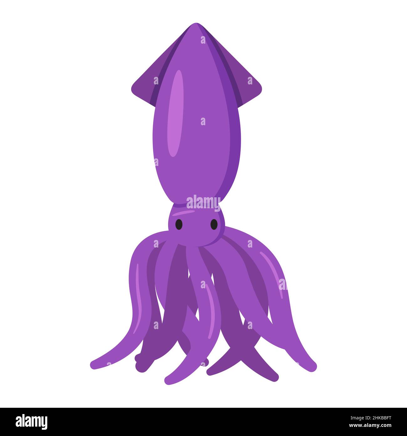Purple squid, vector illustration in cartoon flat style. Sea and ocean animal. Tasty food for restaurant. Stylized image, clip art. Print for Stock Vector