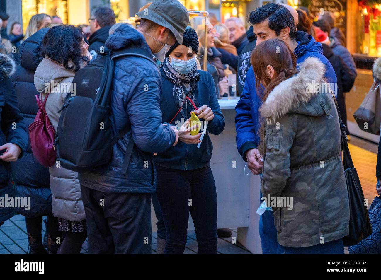 Vaccination cards are checked at the entrance to a Christmas market in the city centre of Düsseldorf, NRW, Germany on Dec. 11, 2021 Stock Photo