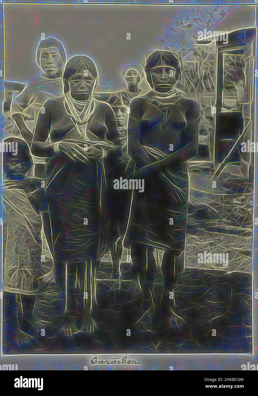 Inspired by Surinamese Caribbean, Caräiben, Two standing posing young Surinamese Caribbean women. Part of the photo album of the Doijer family, Souvenir de Voyage (part 1), in and around the plantation Ma Retraite in Suriname in the years 1906-1913., Hendrik Doijer, Suriname, 1906 - 1913, gelatin, Reimagined by Artotop. Classic art reinvented with a modern twist. Design of warm cheerful glowing of brightness and light ray radiance. Photography inspired by surrealism and futurism, embracing dynamic energy of modern technology, movement, speed and revolutionize culture Stock Photo