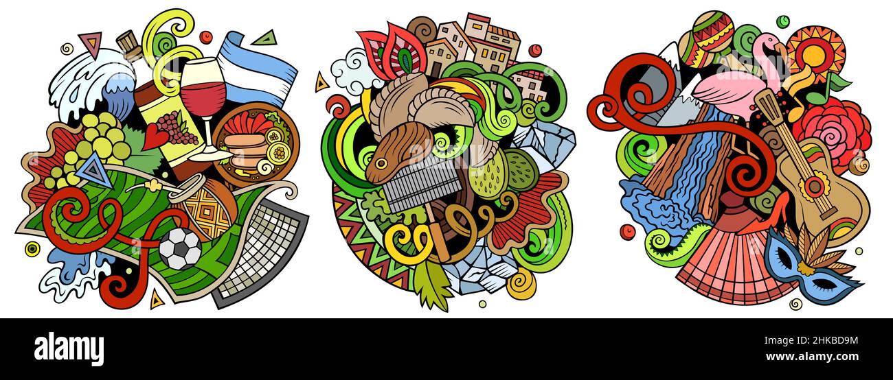 Argentina cartoon vector doodle designs set. Colorful detailed compositions with lot of traditional symbols. Isolated on white illustrations Stock Vector