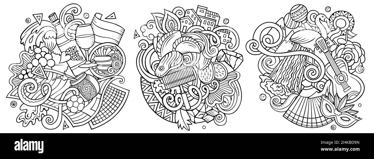 Argentina cartoon vector doodle designs set. Sketchy detailed compositions with lot of traditional symbols. Isolated on white illustrations Stock Vector