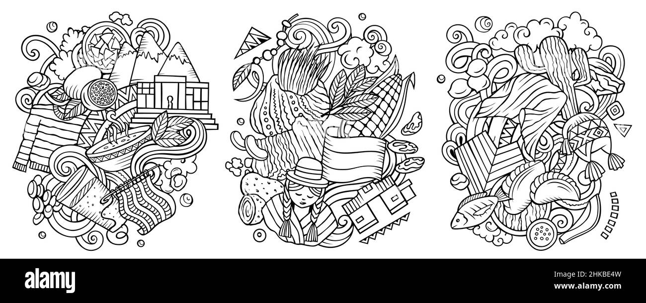 Bolivia cartoon vector doodle designs set. Sketchy detailed compositions with lot of traditional symbols. Isolated on white illustrations Stock Vector