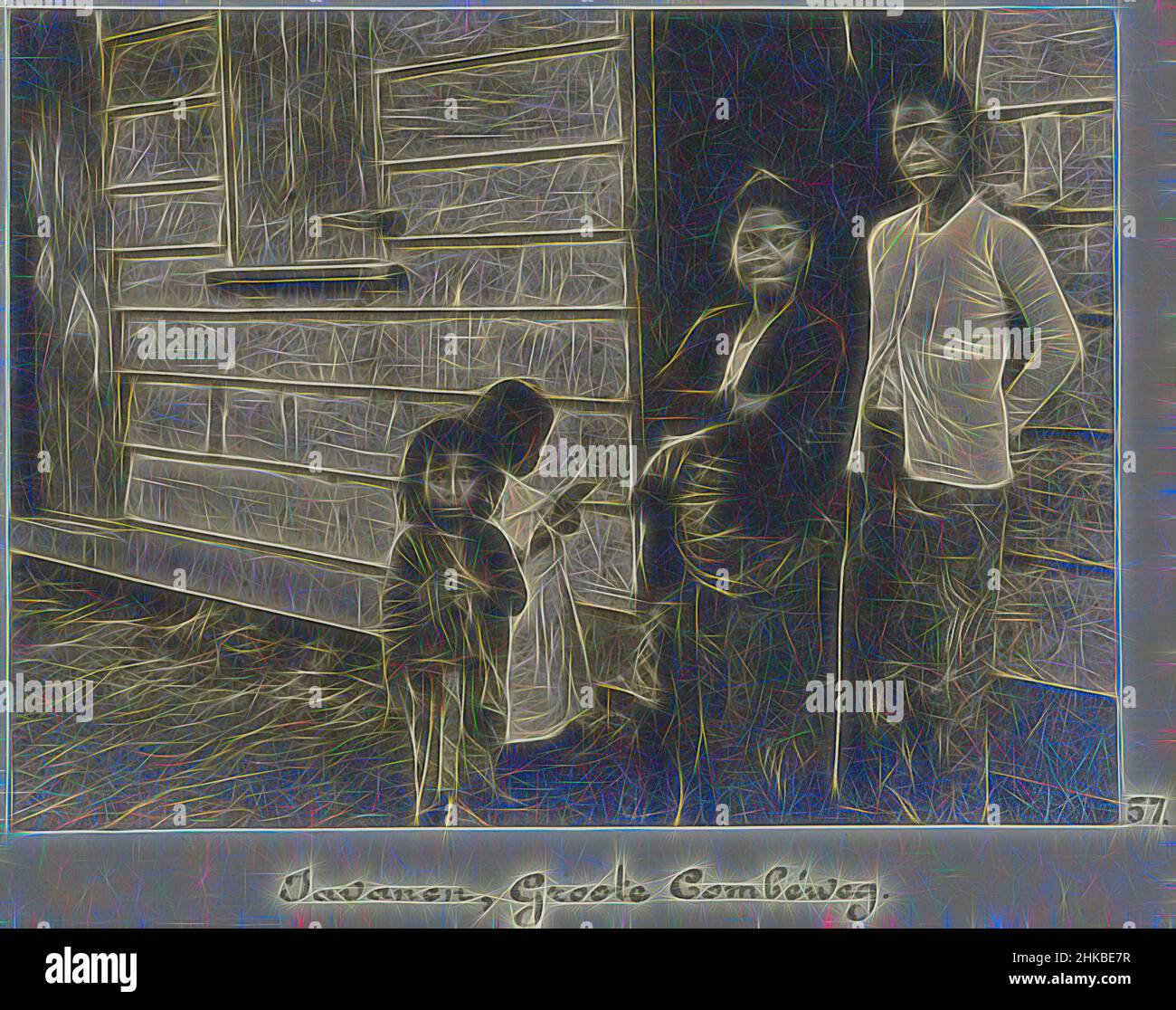Inspired by Javanese, Groote Combéweg, Two Javanese women and two girls standing in the doorway of a wooden house on the Grote Combéweg in Paramaribo. Part of the photo album Souvenir de Voyage (part 2), about the life of the Doijer family in and around the plantation Ma Retraite in Suriname in the, Reimagined by Artotop. Classic art reinvented with a modern twist. Design of warm cheerful glowing of brightness and light ray radiance. Photography inspired by surrealism and futurism, embracing dynamic energy of modern technology, movement, speed and revolutionize culture Stock Photo