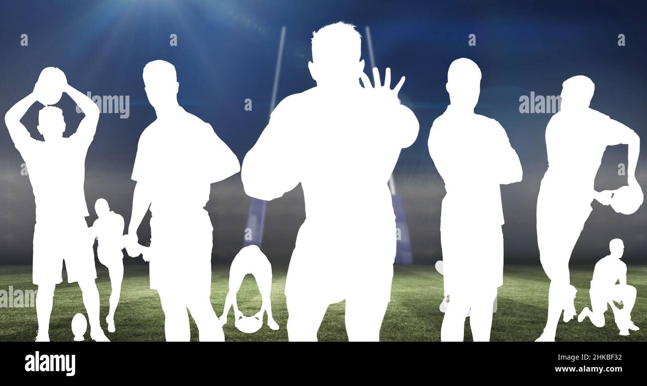 Digital composite image of male rugby players cut outs in stadium against sky Stock Photo