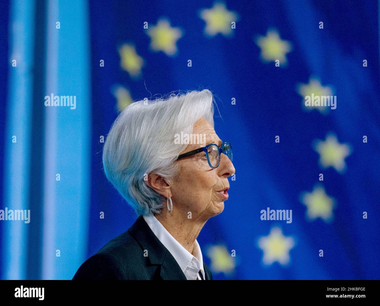 03 February 2022, Hessen, Frankfurt/Main: ECB President Christine Lagarde  speaks at a press conference after the first monetary policy meeting of the  new year. The Governing Council of the European Central Bank (