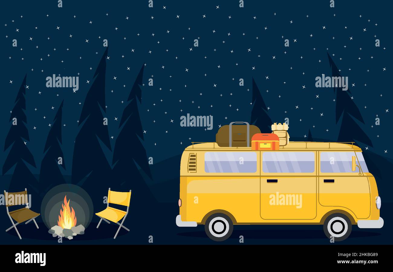 Camping Evening Scene.Car,Bonfire,Pine forest background,starry night sky Stock Vector